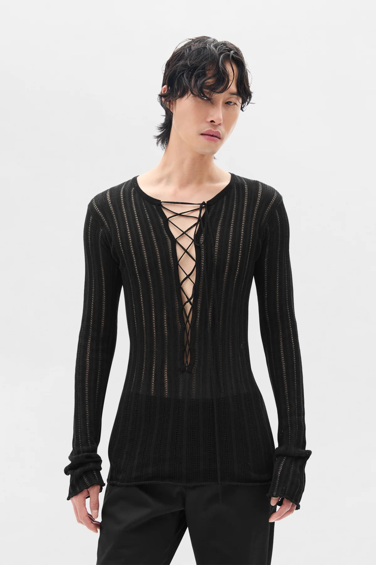 Kell Open Rib Laced Up Serafino Knit Top