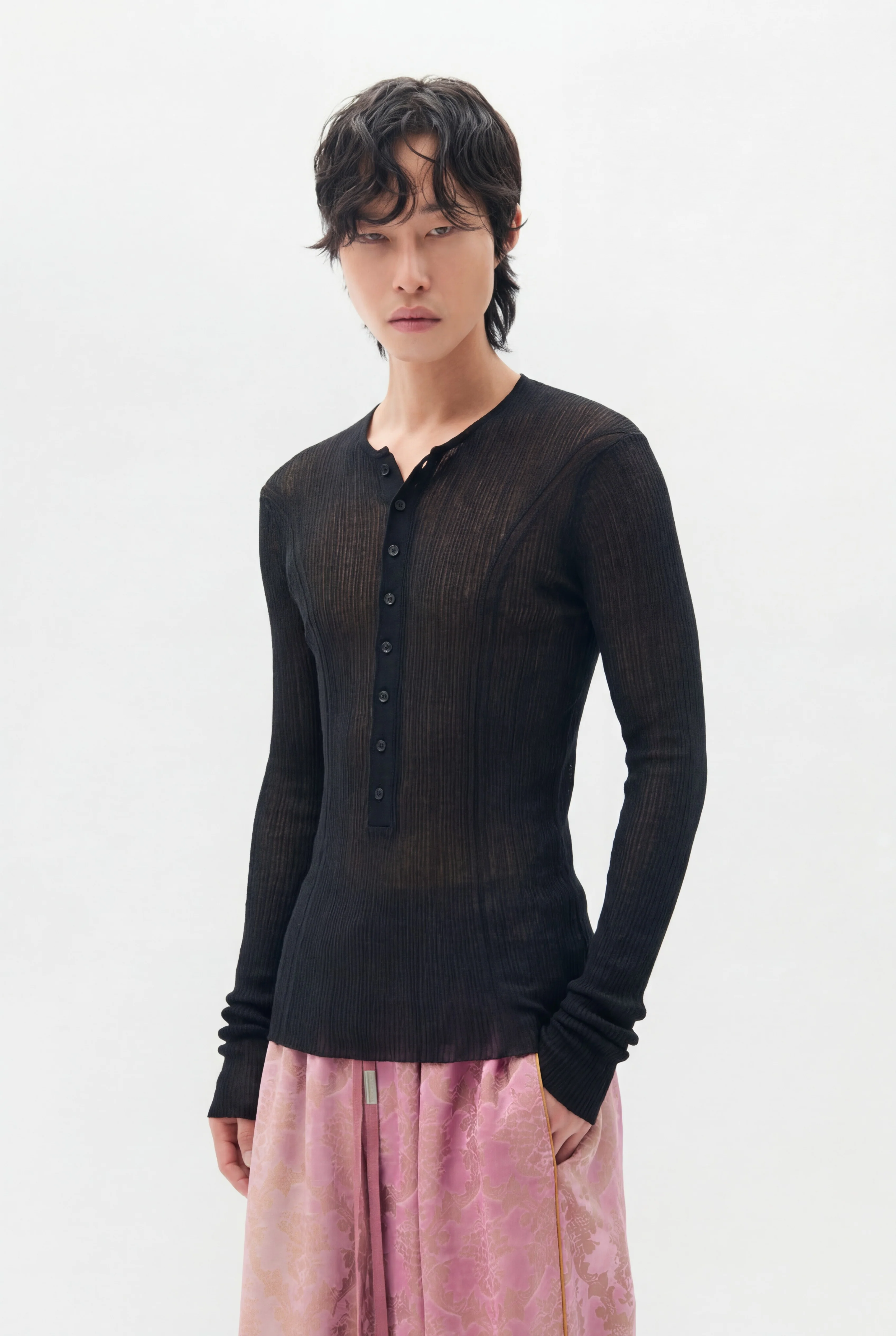Bori Creponette Rib Fitted Serafino Knit Top - Image 2